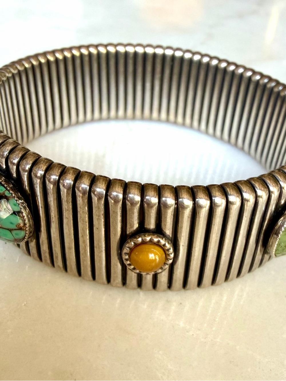 Gas Bikioux Strada Ribbed Silver-Tone Stretch Bracelet with turq an amber Accent